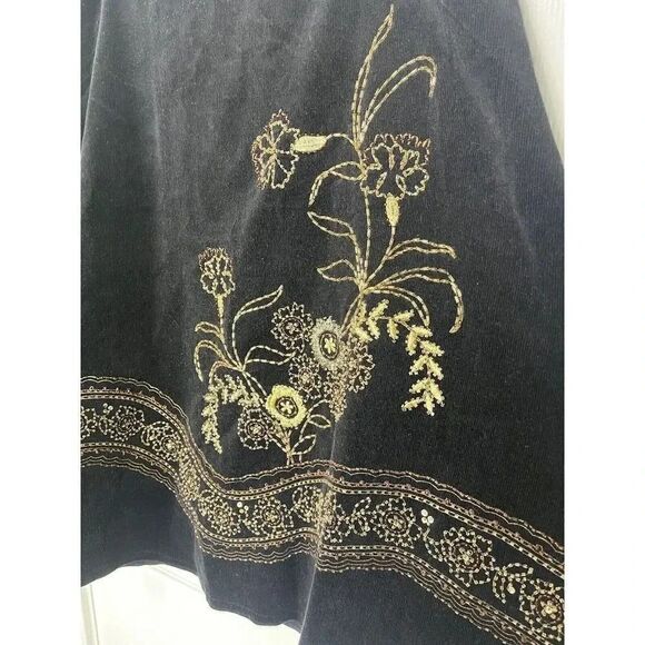 Willi Smith Black Cords Corduroy Gold Floral Embroidered Swing Full Skirt 10 - Picture 3 of 8